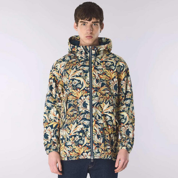 Model Wearing Pretty Green Bostall Men's Retro Floral Hooded Jacket in Navy - Front View