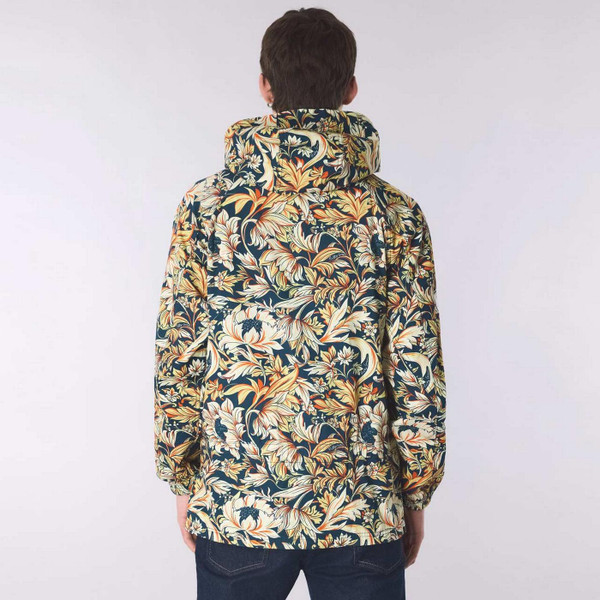 Model Wearing Pretty Green Bostall Men's Retro Floral Hooded Jacket in Navy - Back View