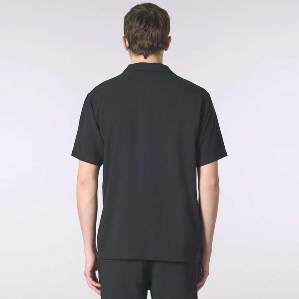 Model Wearing Pretty Green Islington Men's Retro 70s Cuban Collar Shirt in Black - Back View