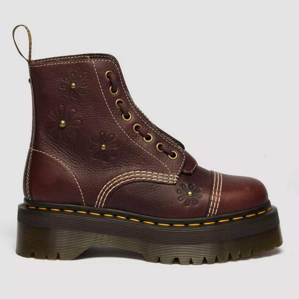 Dr Martens Sinclair Women's Flower Retro 70s Grizzly Leather Boots in Brown - Side View