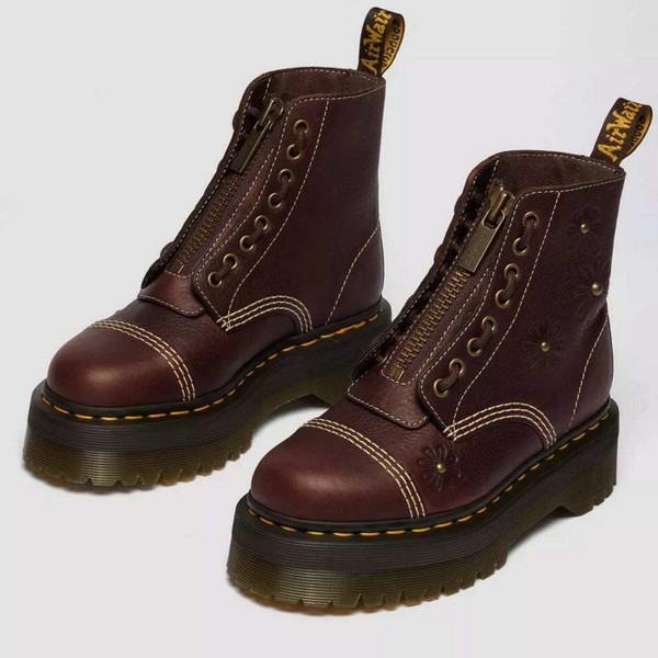Dr Martens Sinclair Women's Flower Retro 70s Grizzly Leather Boots in Brown - Front View Both Boots