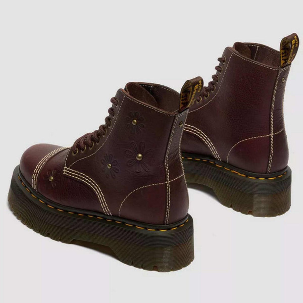 Dr Martens Sinclair Women's Flower Retro 70s Grizzly Leather Boots in Brown - Back View