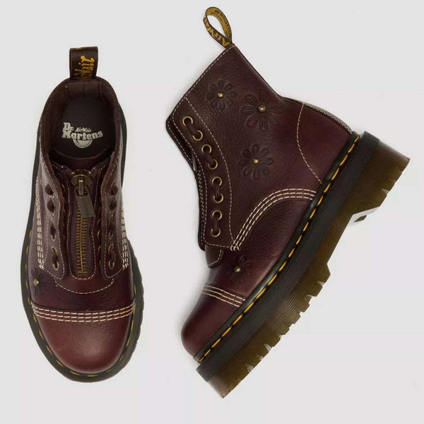 Dr Martens Sinclair Women's Flower Retro 70s Grizzly Leather Boots in Brown - Above View