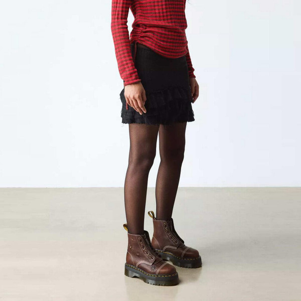Model Wearing Dr Martens Sinclair Women's Flower Retro 70s Grizzly Leather Boots in Brown
