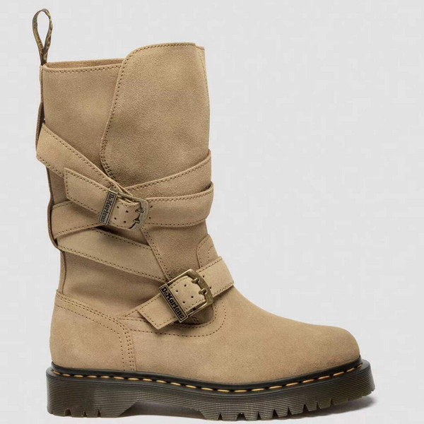 Dr Martens Anistone Women's Two Strap Suede Biker Boots in tan Bronx Suede - Side View