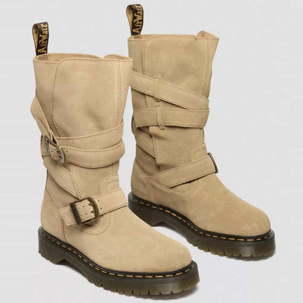 Dr Martens Anistone Women's Two Strap Suede Biker Boots in tan Bronx Suede - Front View