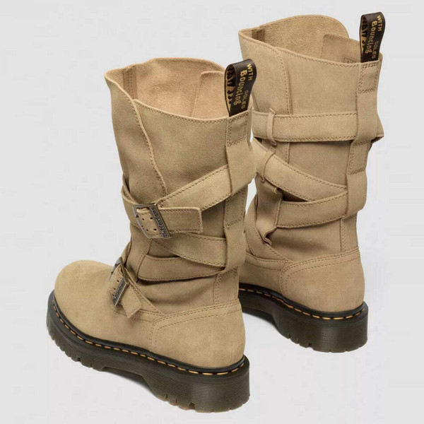 Dr Martens Anistone Women's Two Strap Suede Biker Boots in tan Bronx Suede - Back View