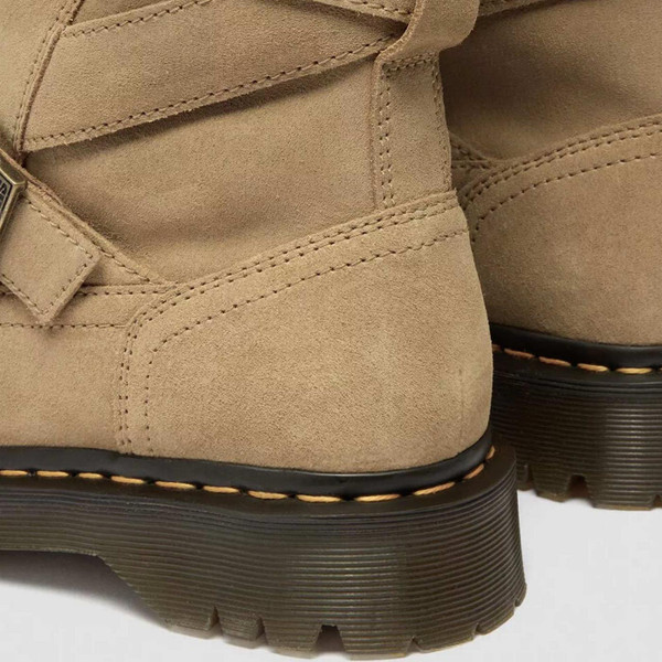 Model Wearing Dr Martens Anistone Women's Two Strap Suede Biker Boots in tan Bronx Suede - Heel Detail