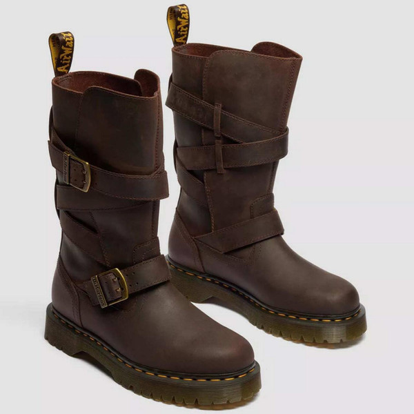 Dr Martens Anistone Crazy Horse Leather Two Strap Biker Boots in Dark Brown - Front View