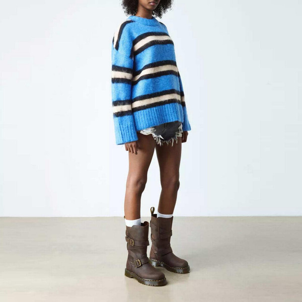 Model Wearing Dr Martens Anistone Crazy Horse Leather Two Strap Biker Boots in Dark Brown