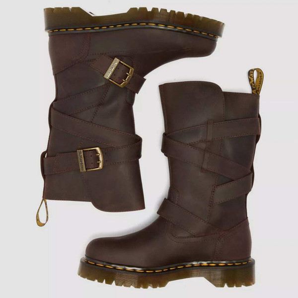 Dr Martens Anistone Crazy Horse Leather Two Strap Biker Boots in Dark Brown - Above View