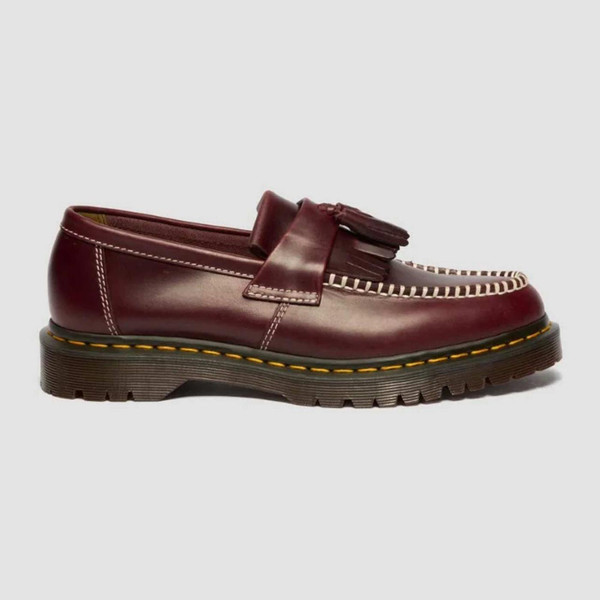 Model Wearing Dr Martens Adrian Tassel Women's Retro Leather Loafers in Cherry Red - Side View