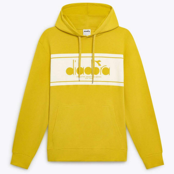 Diadora Men's Retro Logo Hooded Sweatshirt in Yellow Ball - Flat Lay