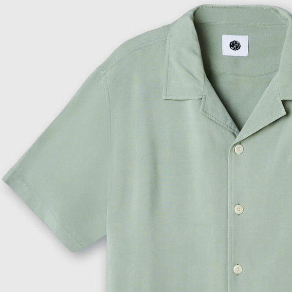 Pretty Green Islington Retro 50s Rayon Cuban Collar Shirt in Green - Right Side Front Close Up