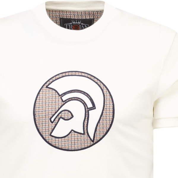 Trojan Records Clothing Mens Applique Jacquard Helmet Logo T-Shirt in Ecru