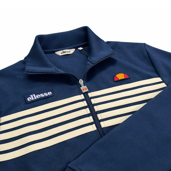Ellesse Vicenza Men's Retro 80s Chest Stripe Funnel Neck Track Top in Navy and Yellow - Stripe Details