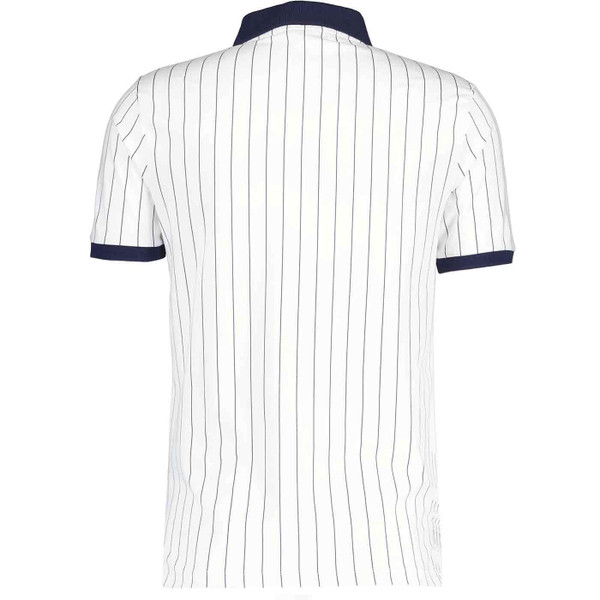 Back of Fila Vintage BB1 Retro 80s Pinstripe Polo Shirt in White, Navy and Red
