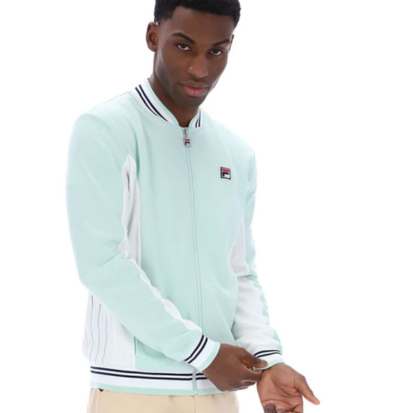 Model wears Fila Vintage Settanta Men's Track Jacket in Surf Spray Green