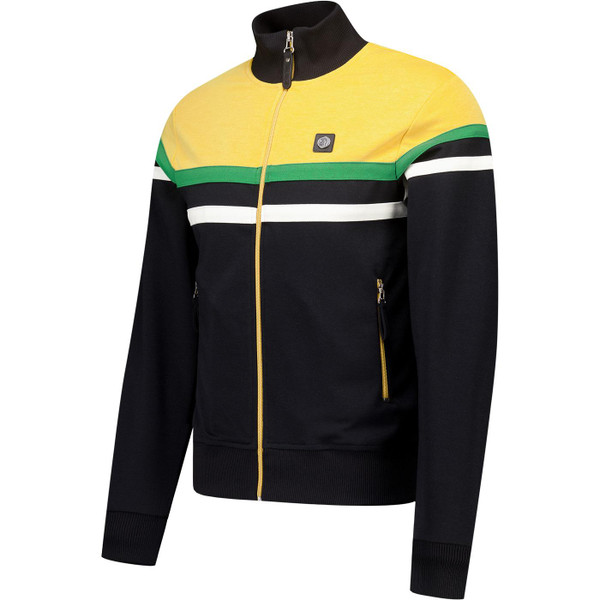 Trojan Records Clothing Mens Retro 80s Casuals Panel Stripe Zip Track Top in Black