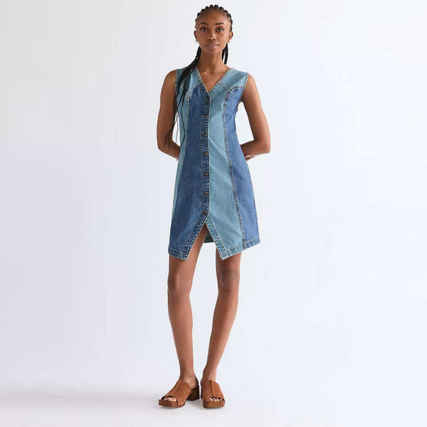 Model Wearing Wrangler Women's Retro 70s Slim Vest Lightweight Patchwork Denim Dress
