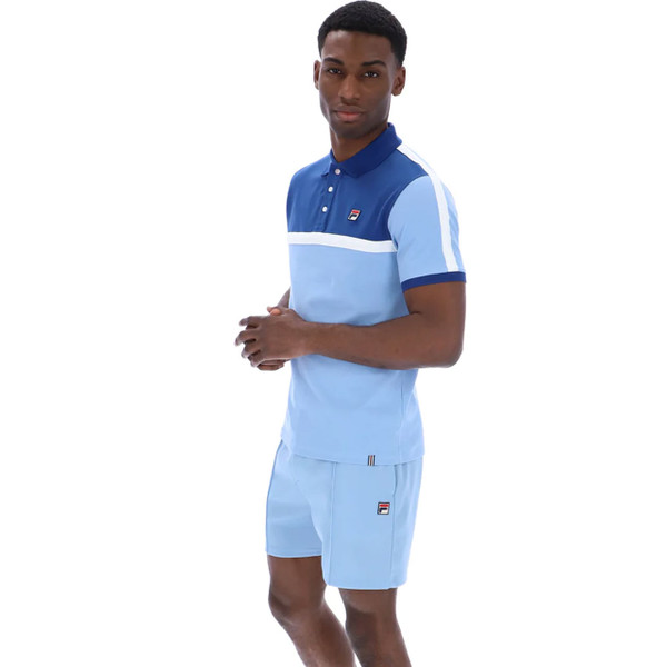 Man wearing Fila Vintage Men's Mattia Contrast Retro Polo in Frozen Fjord Blue