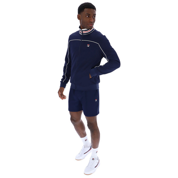 Man wearing Fila Vintage Federico Mens Terrinda Inspired Tipped Collar Track Jacket in Navy