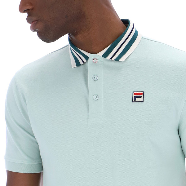 Collar tipping on Fila Vintage Achille Mens Mod 80s Tipped Polo in Surf Spray Green