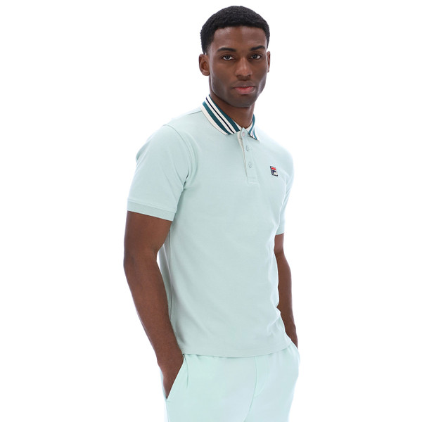 Side of Fila Vintage Achille Mens Mod 80s Tipped Polo in Surf Spray Green