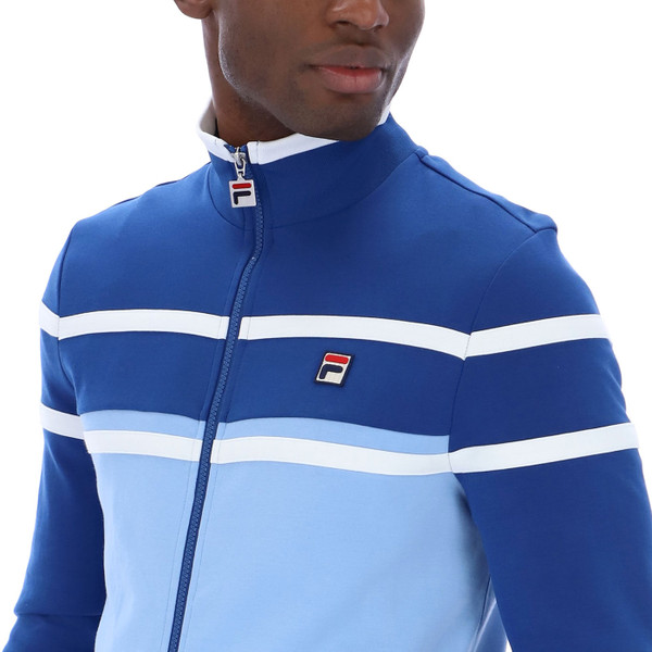Stripe panels on Fila Vintage Giovanni Men's Retro 80s Track Top Jacket in Frozen Fjord/Limoges Blue