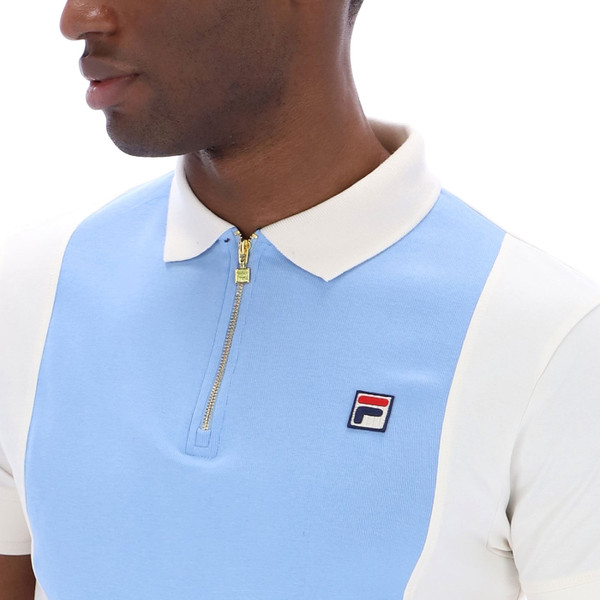 Collar and zip placket on Fila Vintage Pierro Men’s Zip Neck Polo in Blue/Off White