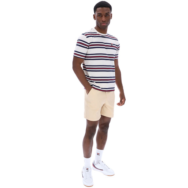 Man wearing Fila Vintage Cesare Retro 80s Striped T-Shirt in Gardenia White