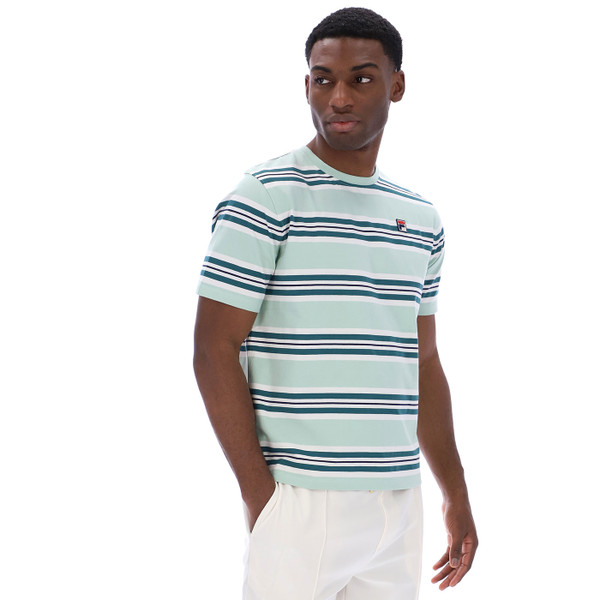 Side of Fila Vintage Cesare Retro 80s Stripe Tee in Surf Spray Green