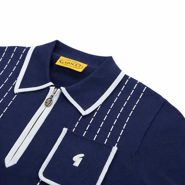 Gabicci Vintage Darron Men's Retro Dash Stripe Knitted Zip Neck Polo Shirt in Navy Back Collar Detail