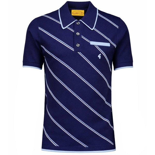 Gabicci Vintage Connett Men's Retro 1970s Diagonal Stripe Knitted Polo Shirt in Navy - Front View