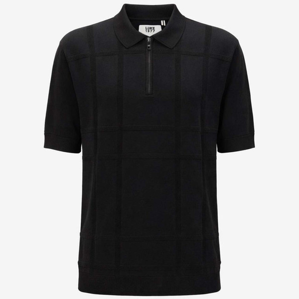 Luke 1977 Elgin Men's Mod Tonal Textured Stripe Knitted polo Shirt in Black - Main View