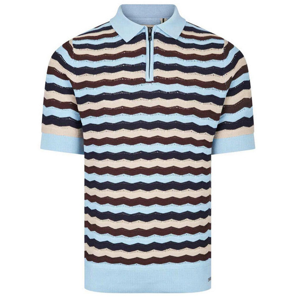 Luke 1977 Maughold 1960s Mod Pointelle Wavy Stripe Knitted Polo Shirt in Sky - Main View