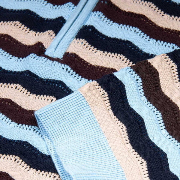 Luke 1977 Maughold 1960s Mod Pointelle Wavy Stripe Knitted Polo Shirt in Sky - Stripe Detail