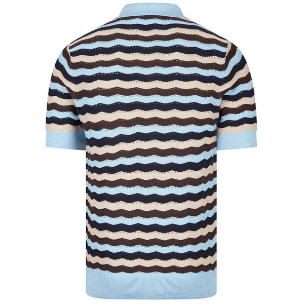 Luke 1977 Maughold 1960s Mod Pointelle Wavy Stripe Knitted Polo Shirt in Sky - Back View