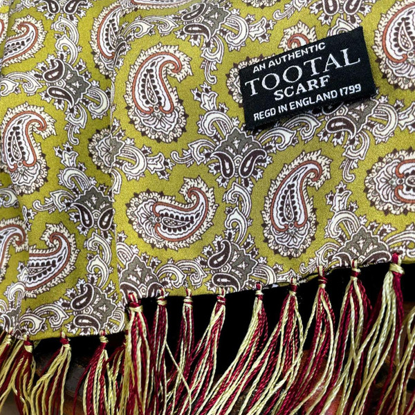 Tootal 1960s Mod Paisley Fringed Silk Scarf in Avocado - Label View