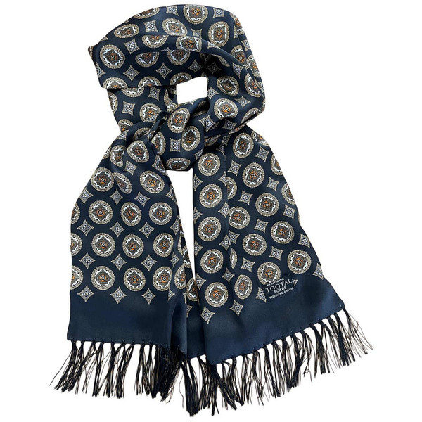 Tootal Medallion Black and Gold Border Silk Scarf with Fringe Main View