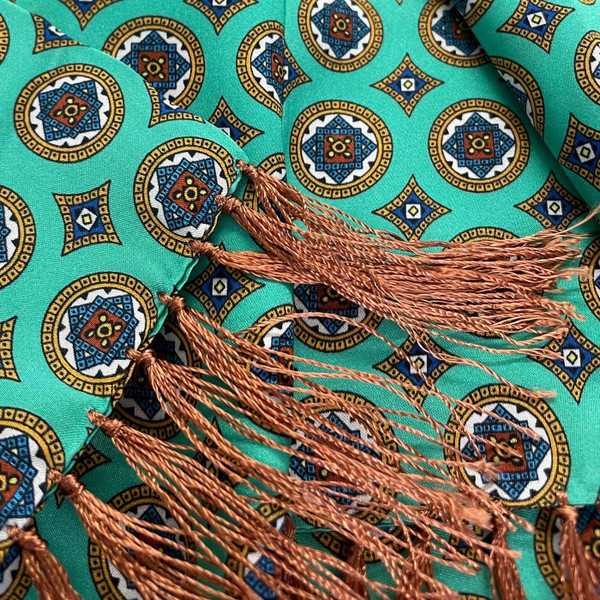 Tootal Retro 60s Mod Circle Fringed Silk Scarf in Green Fringe Detail