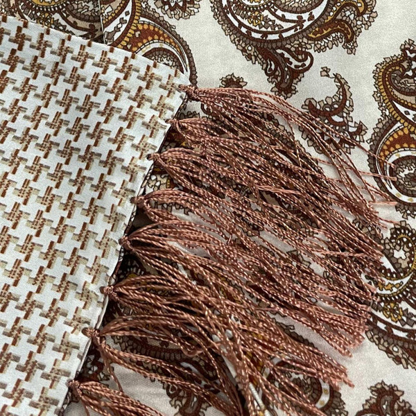 Tootal Two Sided 60s Mod Houndstooth Paisley Silk Scarf in Mocha - Fringe Detail
