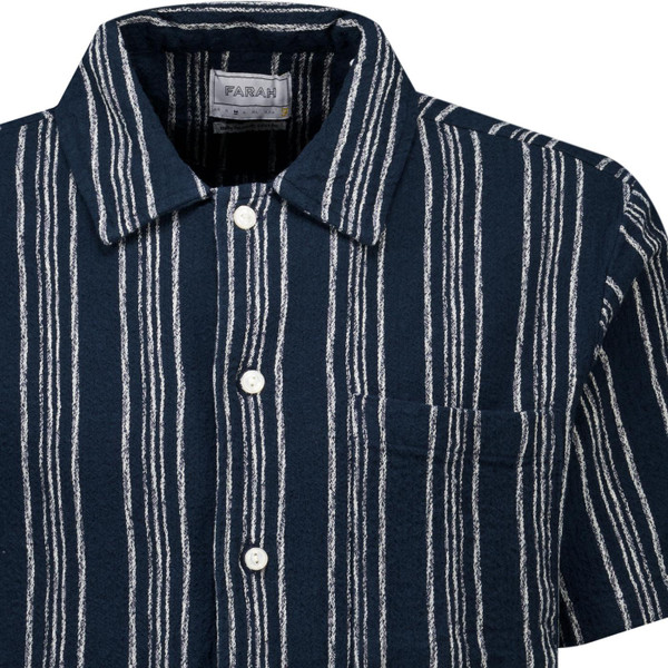Farah Vintage Mens Simon Retro Fine Stripe Short Sleeve Dobby Textured Shirt Navy