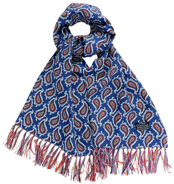 Tootal Men's 1960s Mod Bold Rayon Paisley Fringed Scarf in Navy Blue - Main View