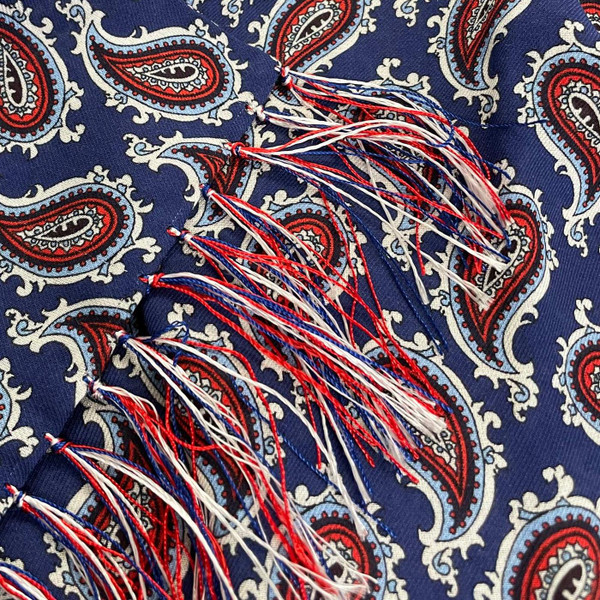 Tootal Men's 1960s Mod Bold Rayon Paisley Fringed Scarf in Navy Blue - Fringe Detail