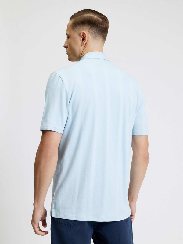 Model Wearing Ben Sherman Men's Mod Textured Stripe Pique Shirt in Powder Blue - Back View