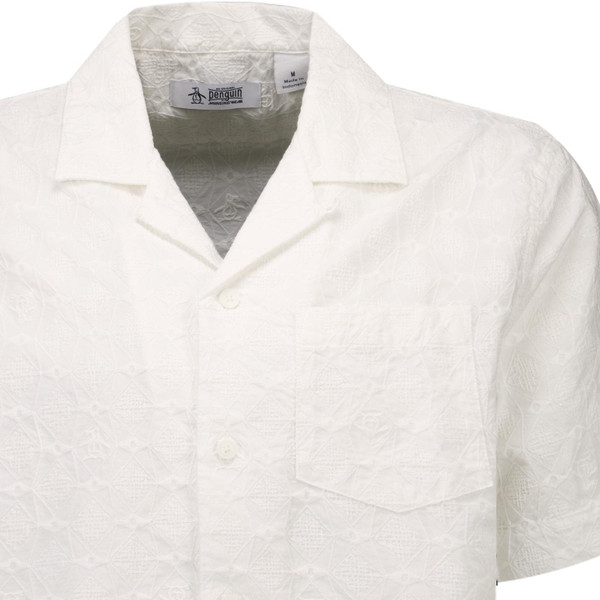 Original Penguin Mens Geo Embroidered Short Sleeve Cuban Shirt in Bright White