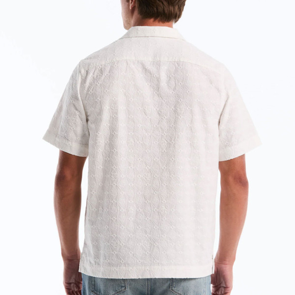 Back of Original Penguin Mens Geo Embroidered Short Sleeve Cuban Shirt in Bright White