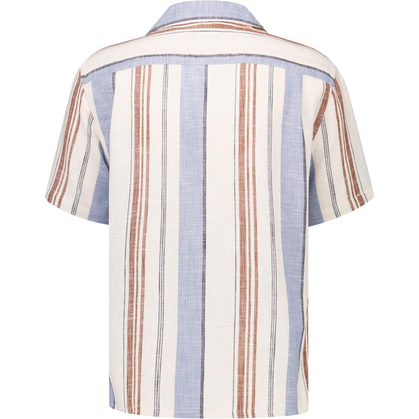 French Connection Mens Open Weave Short Sleeve Stripe Resort Shirt in Cream Blue and Brown