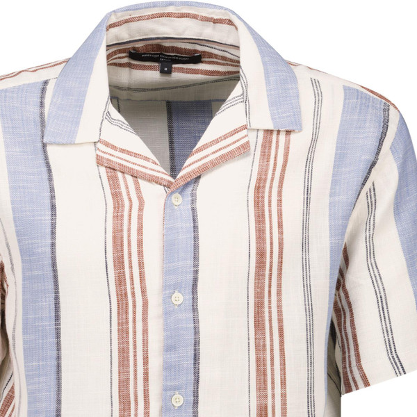 French Connection Mens Open Weave Short Sleeve Stripe Resort Shirt in Cream Blue and Brown